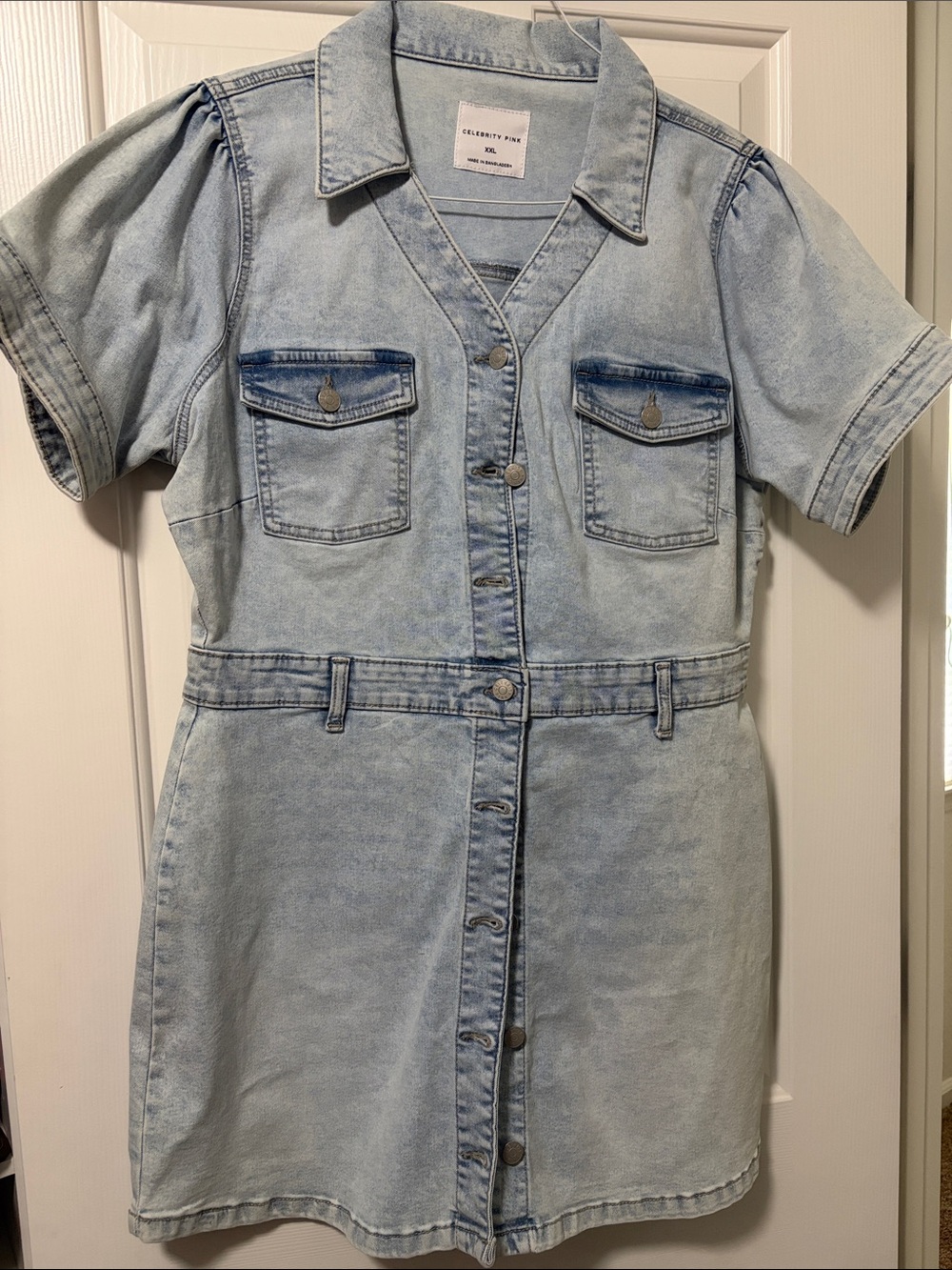 Celebrity Pink Faded Light Blue Denim Button-Down Dress